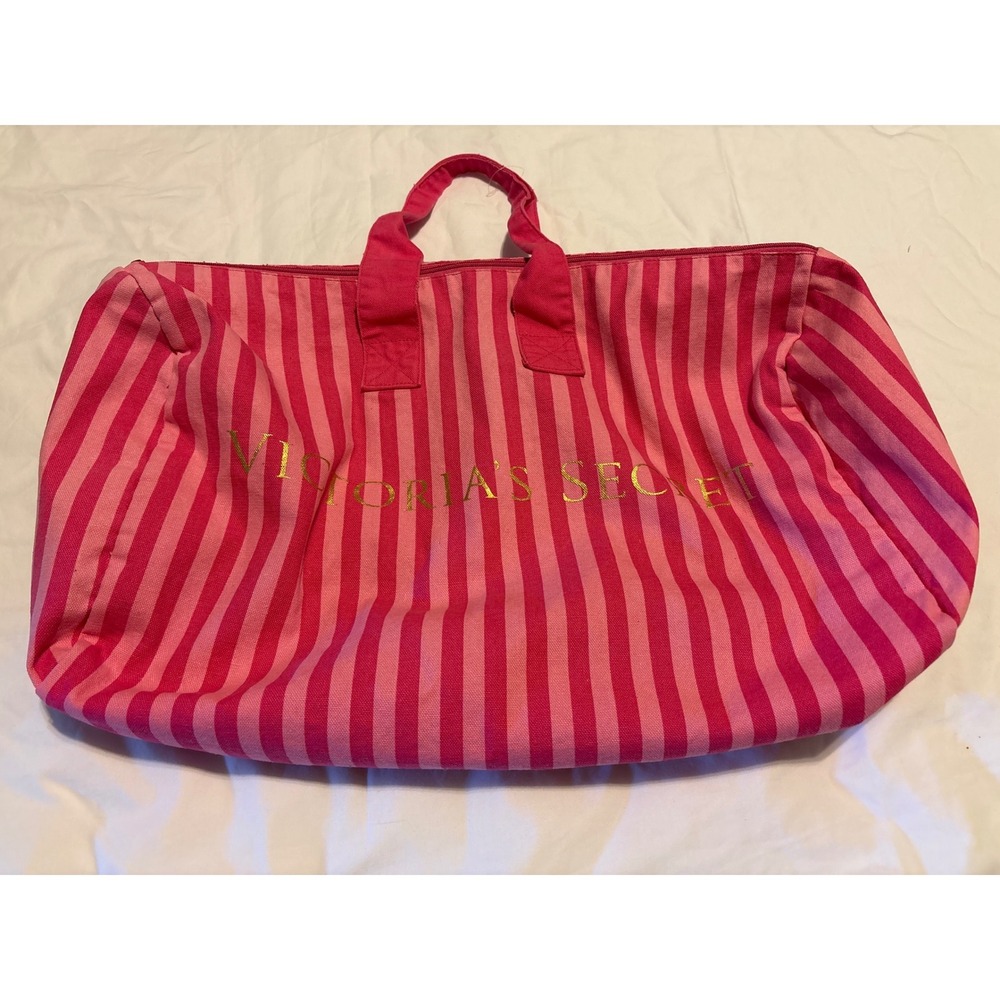 Y2K Victoria's Secret Pink Striped Canvas Duffel Bag Gold Logo Weekend Tote
